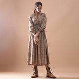 Front View of a Model wearing Beige Kalamkari Block Print Cotton Midi Dress