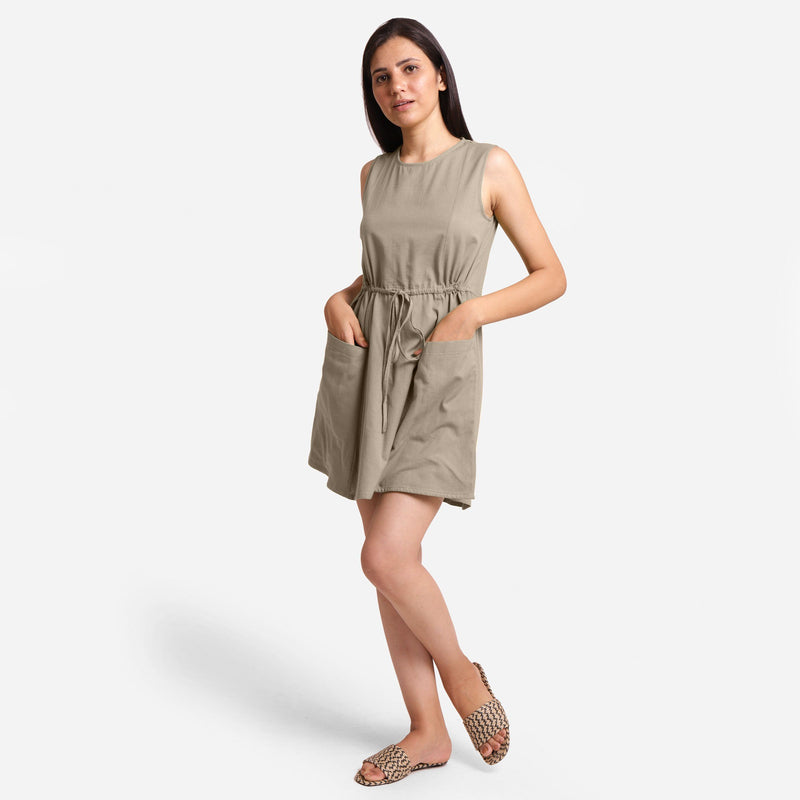 Front View of a Model wearing Beige Patch Pocket Round Neck Dress