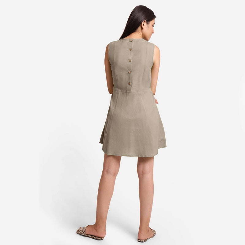 Back View of a Model wearing Beige Patch Pocket Round Neck Dress