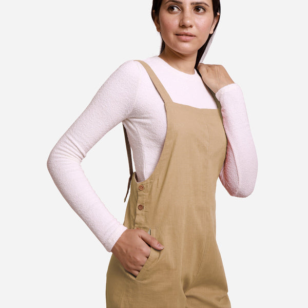 Right Detail of a Model wearing Beige Pinafore Midi Length Dungaree