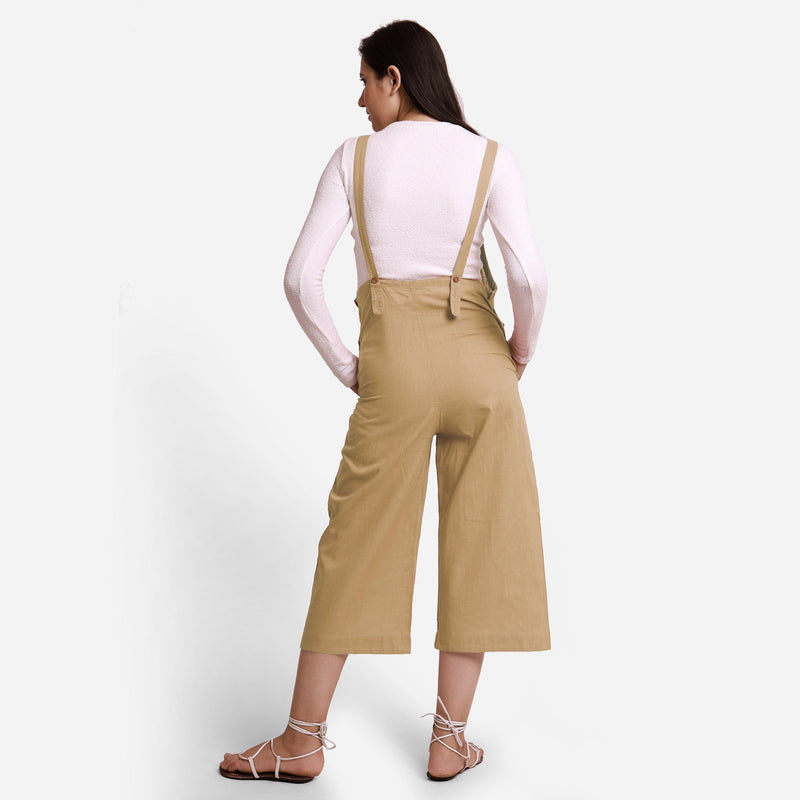 Back View of a Model wearing Beige Pinafore Midi Length Dungaree