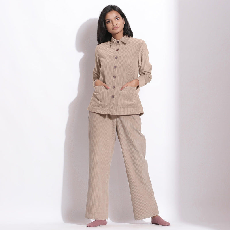Front View of a Model wearing Beige Pocket Shirt and Wide-Legged Pant Set