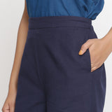 Front Detail of a Model wearing Solid Navy Blue Cotton Flax Culottes