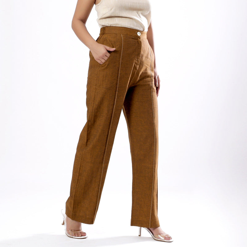 Buy Beige Cotton Spaghetti Top and Oak Brown Mid-Rise Pant Co-ord