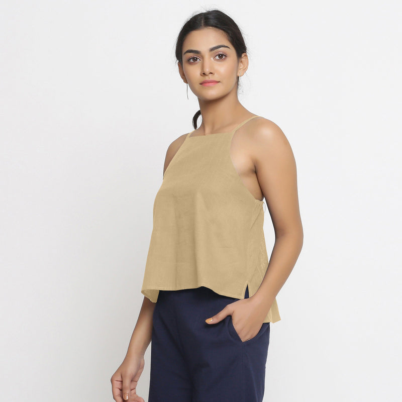 Left View of a Model wearing Beige Strappy Everyday Cotton Spaghetti Top