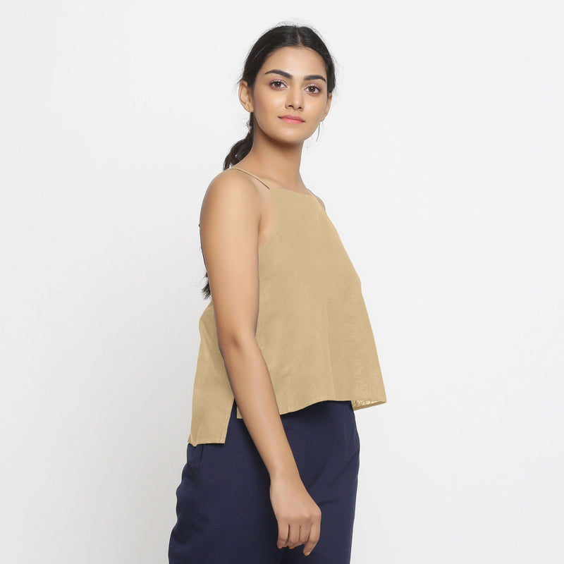Right View of a Model wearing Beige Strappy Everyday Cotton Spaghetti Top