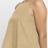 Front Detail of a Model wearing Beige Strappy Everyday Cotton Spaghetti Top