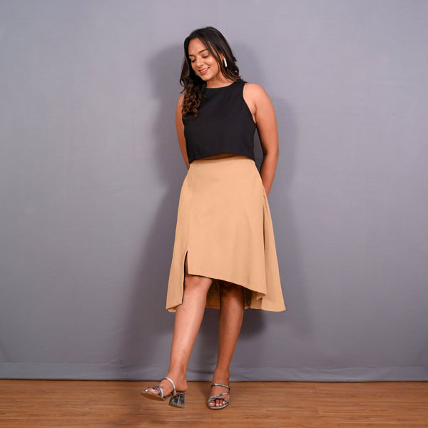 Beige Warm Cotton Flannel High-Rise Front Slit Asymmetric Skirt