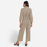 Back View of a Model wearing Beige Wide Legged Cotton Overall