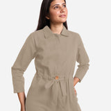 Front Detail of a Model wearing Beige Wide Legged Cotton Overall