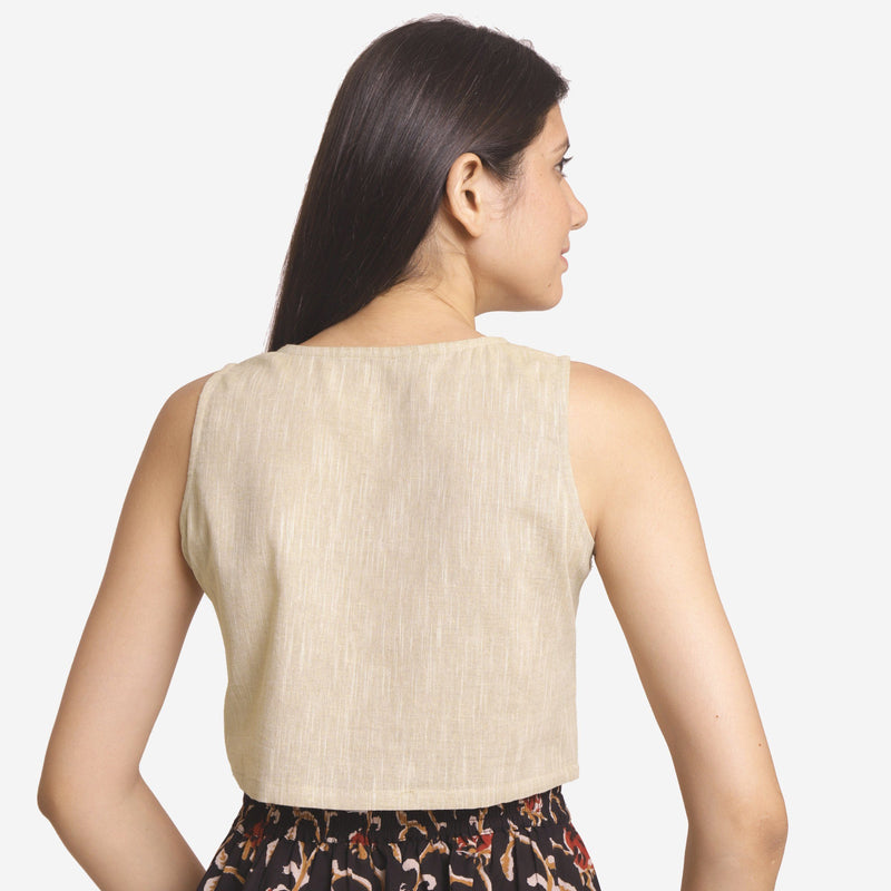 Back View of a Model wearing Solid Beige Yarn Dyed Cotton Crop Top