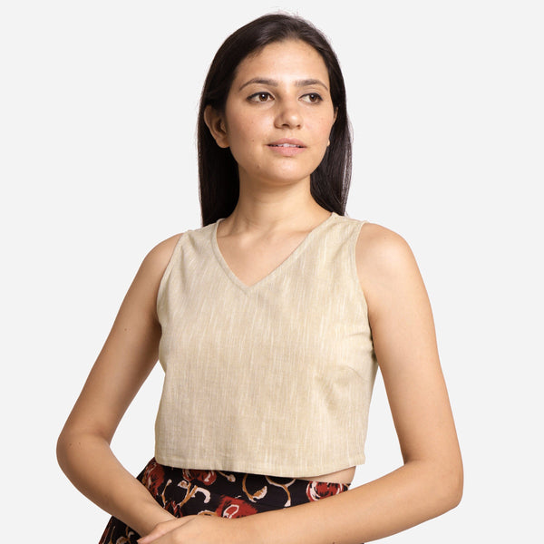 Front View of a Model wearing Solid Beige Yarn Dyed Cotton Crop Top