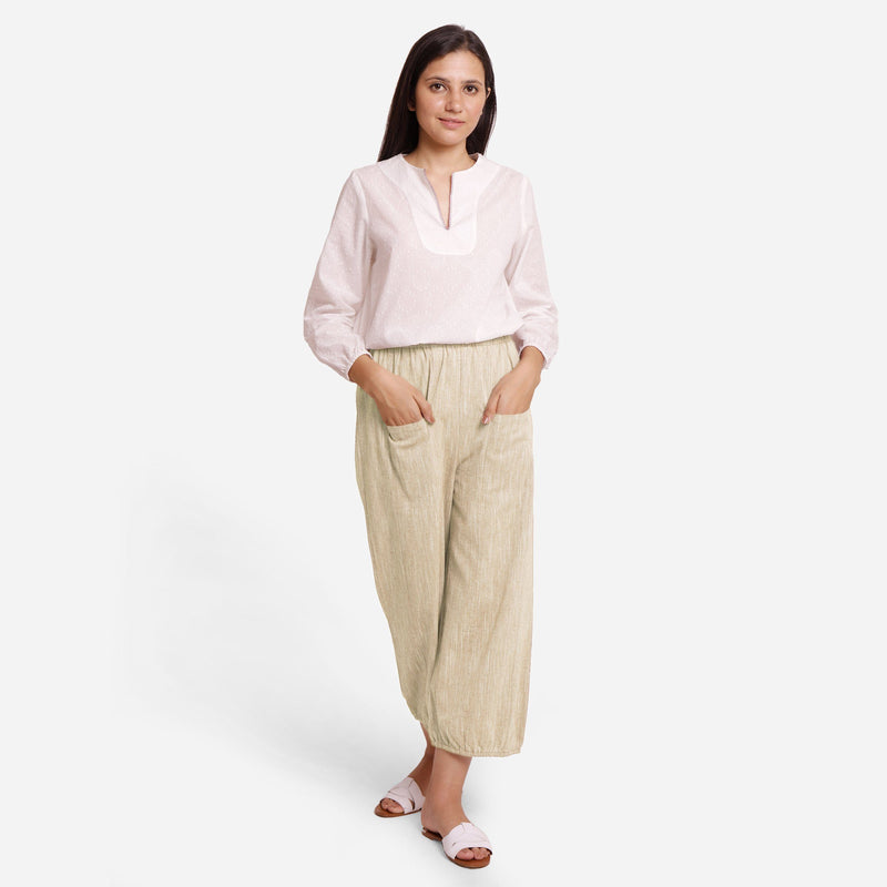 Front View of a Model wearing Beige Yarn Dyed Cotton Harem Pant