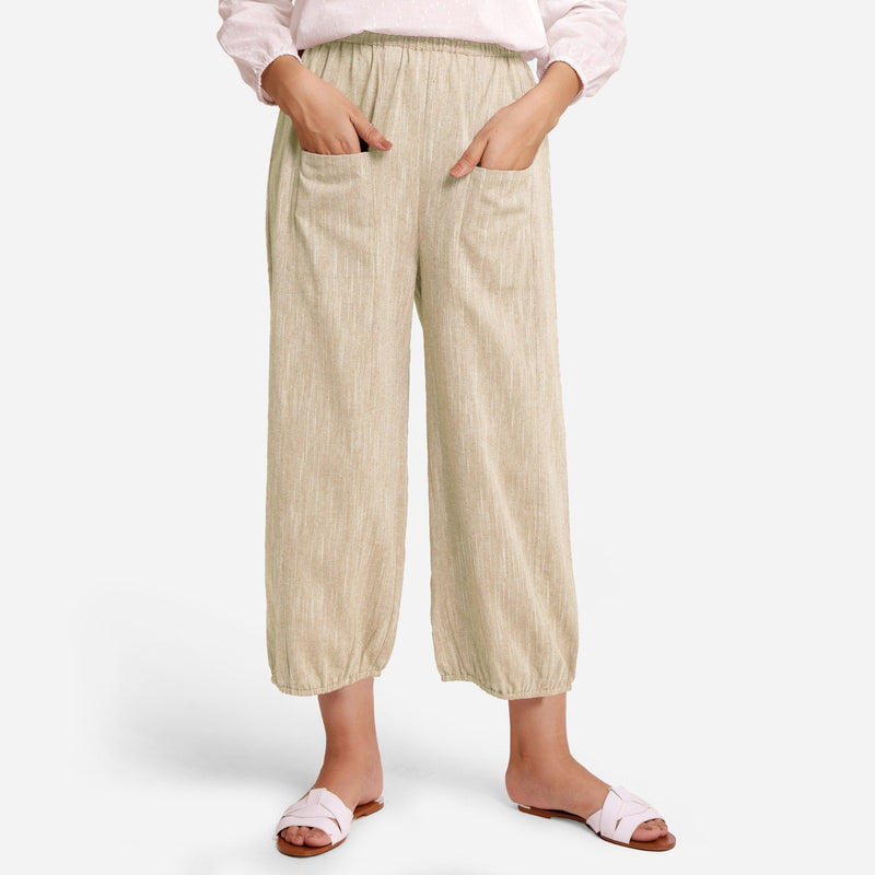 Front View of a Model wearing Beige Yarn Dyed Cotton Harem Pant