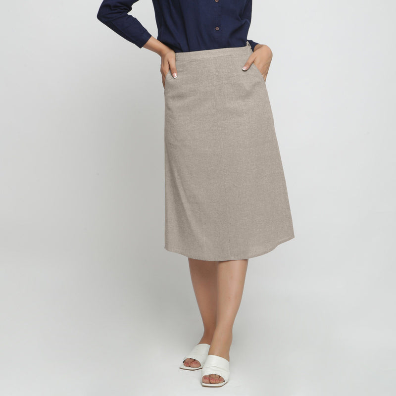 Front View of a Model wearing Beige Yarn Dyed Cotton Straight Skirt