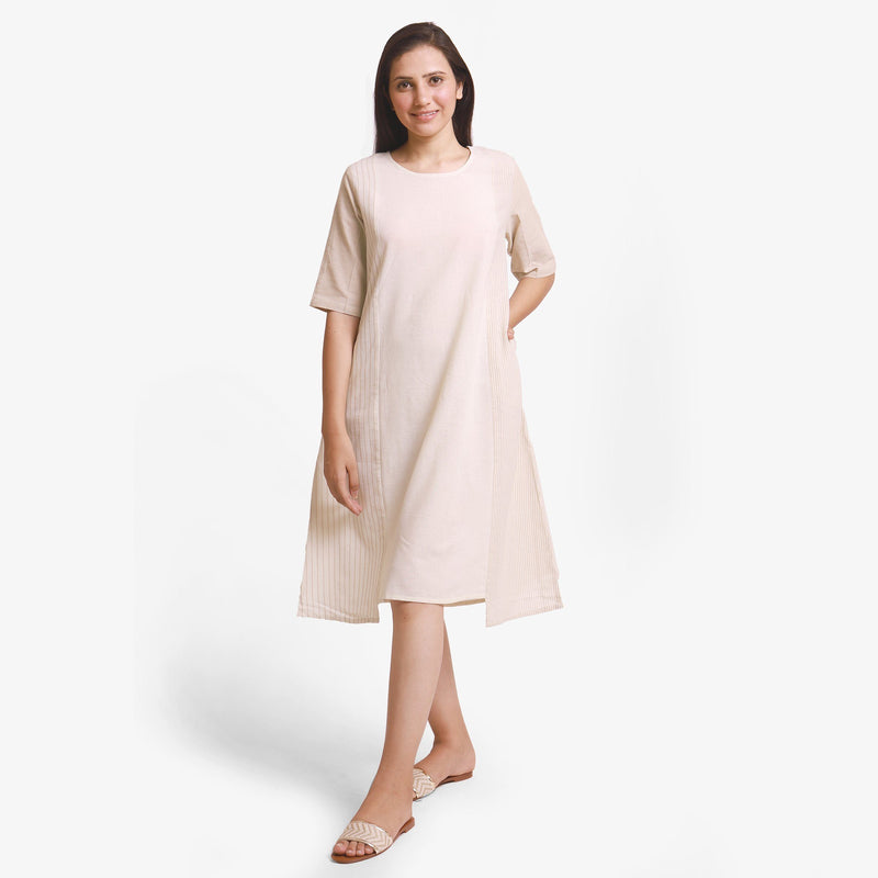 Front View of a Model wearing Beige Yarn Dyed Cotton Paneled Dress
