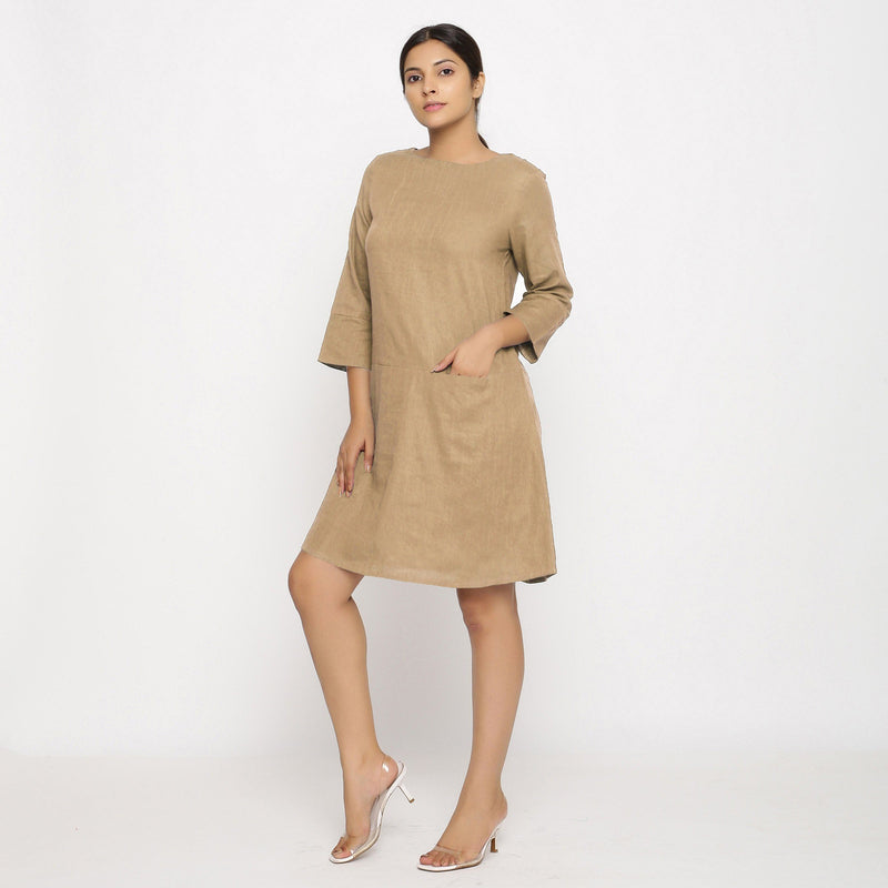 Front View of a Model wearing Beige Yoked Cotton Tunic Dress