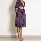 Right View of a Model wearing Berry Wine Striped Frilled Wrap Skirt