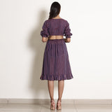 Back View of a Model wearing Berry Wine Striped Frilled Wrap Skirt