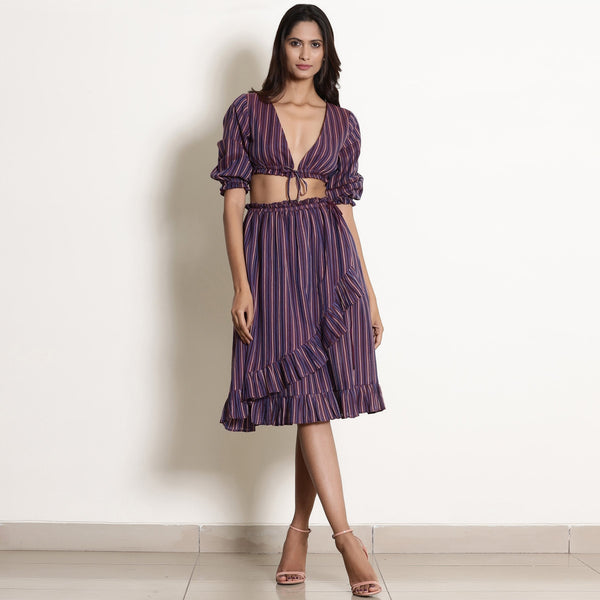 Front View of a Model wearing Berry Wine Striped Frilled Wrap Skirt