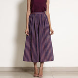 Front View of a Model wearing Berry Wine Striped Gathered Culottes