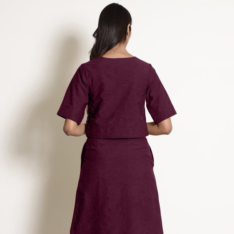 Back View of a Model wearing Berry Wine Warm V-Neck Wrap Top