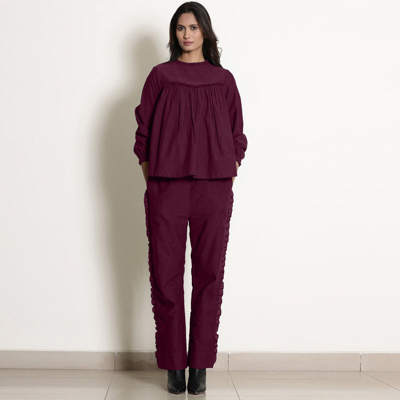 Front View of a Model wearing Berry Wine Warm Frilled Cotton Top and Frilled Paperbag Pant Co-ord Set