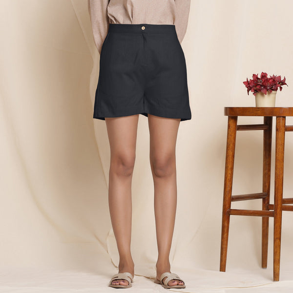 Front View of a Model wearing Black 100% Cotton Flannel Warn High-Rise Shorts