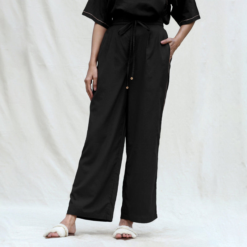 Black 100% Cotton Solid Mid-Rise Elasticated Pant