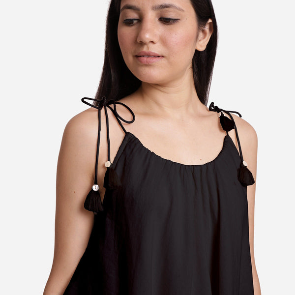 Black 100% Cotton Tie-Up Shoulder Mini Tier Dress