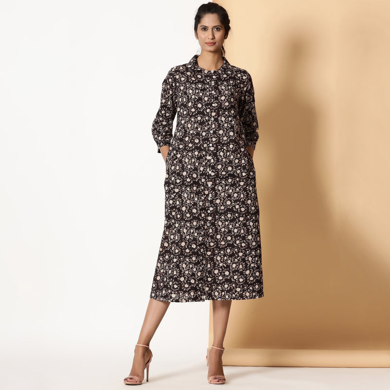 Front View of a Model wearing Black Bagru Block Printed Button-Down Dress