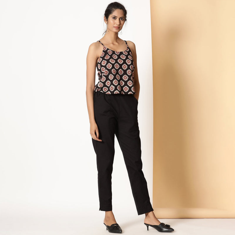 Right View of a Model wearing Black Bagru Block Printed Cotton Cami Top