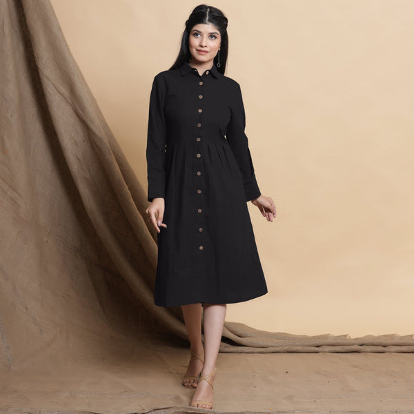 Front View of a Model wearing Black Button Down Cotton Flax Knee Length Formal Dress