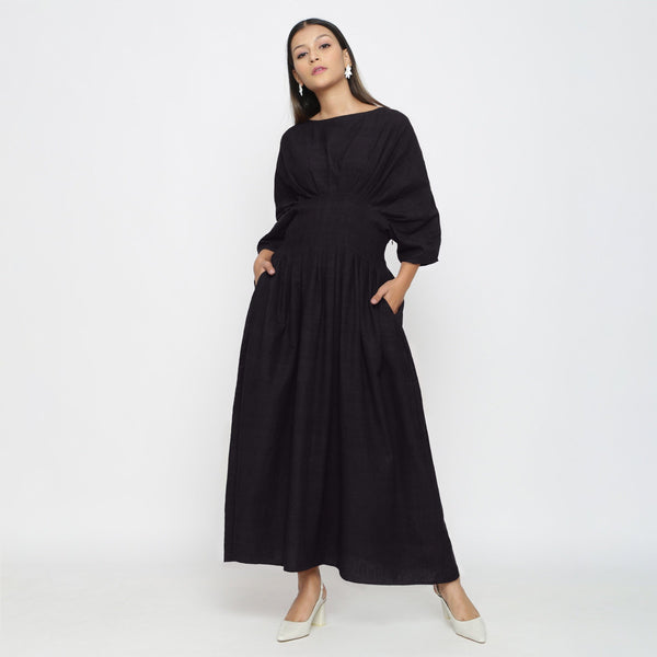 Black Cotton Flax Ankle Length Pleated Flared Dress