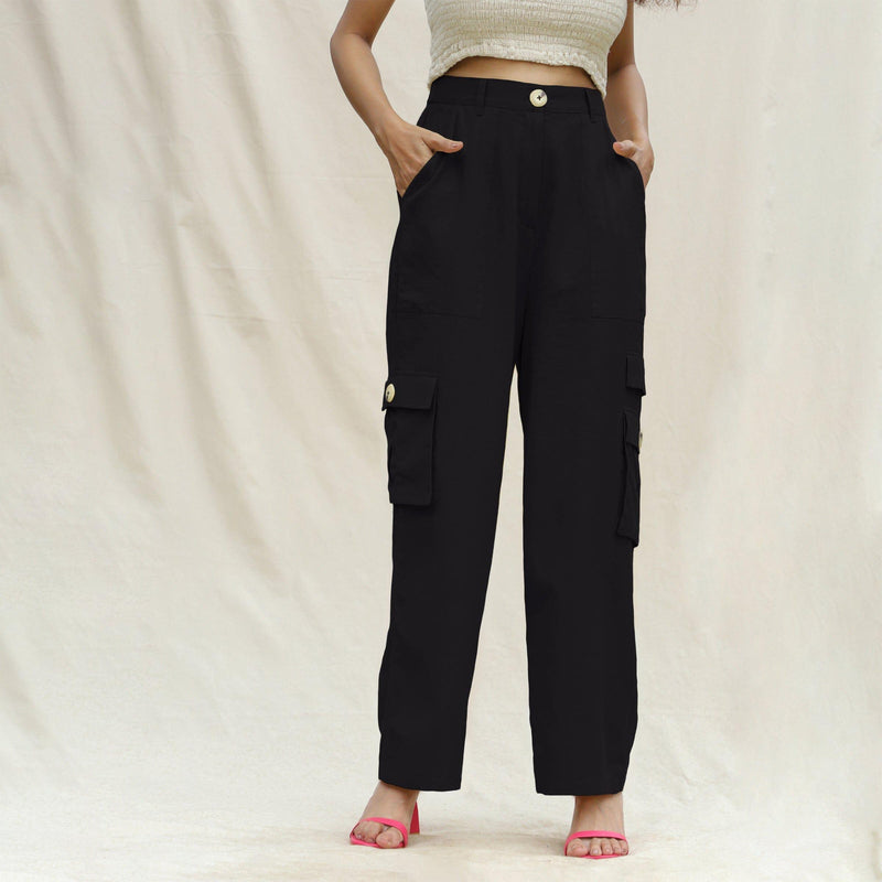 Buy Black Cotton Flax Elasticated High-Rise Cargo Pant Online at  SeamsFriendly