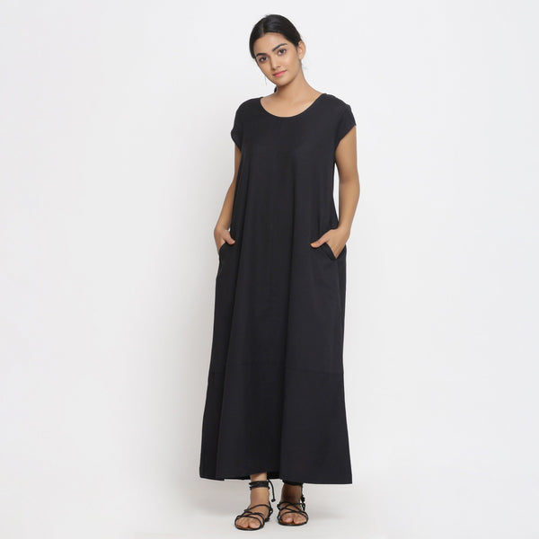 Front View of a Model wearing Black Cotton Flax A-Line Paneled Dress