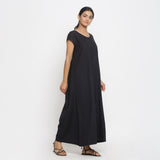 Right View of a Model wearing Black Cotton Flax A-Line Paneled Dress