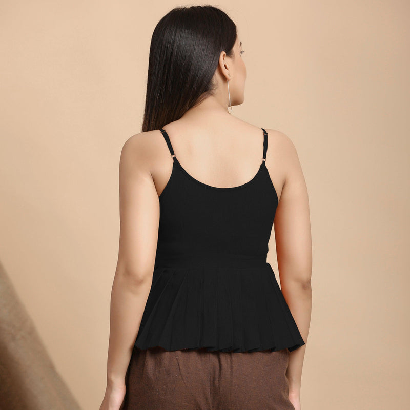 Back View of a Model wearing Black Cotton Flax Slim Fit Pleated Camisole Top
