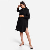 Left View of a Model wearing Black Cotton Flax Shirt Dress