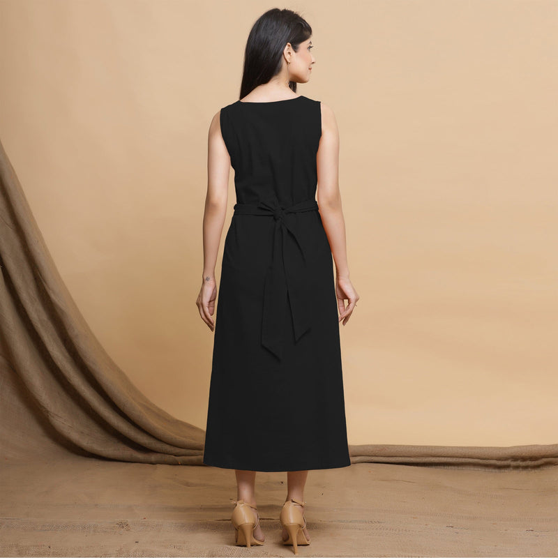Black Cotton Flax Sleeveless A-Line Midi Dress