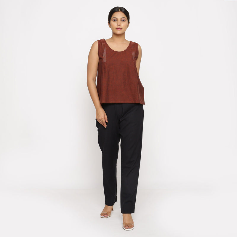 Front View of a Model wearing Solid Black Cotton Flax Straight Pant