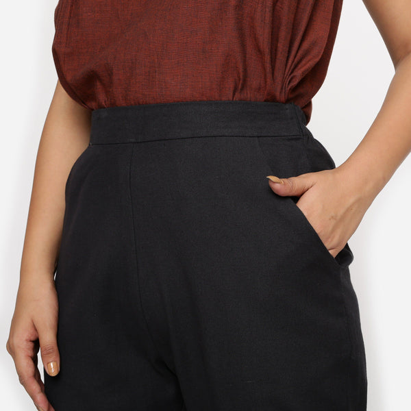 Front Detail of a Model wearing Solid Black Cotton Flax Straight Pant