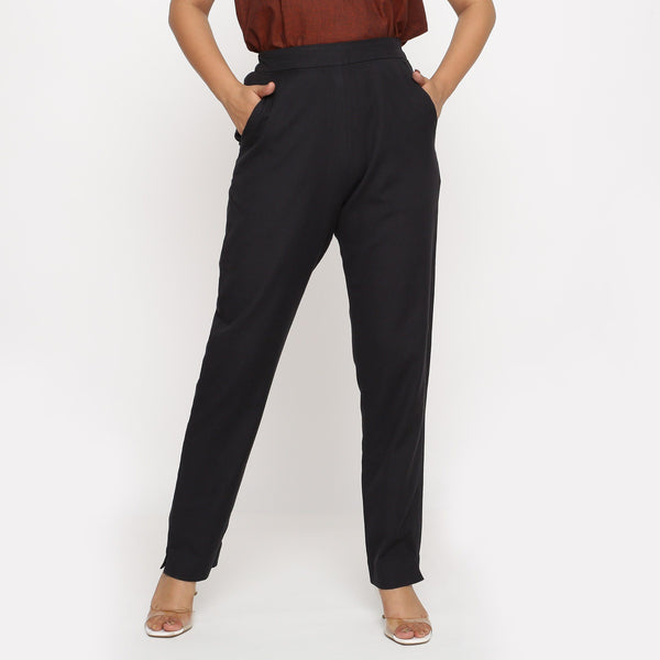 Front View of a Model wearing Solid Black Cotton Flax Straight Pant