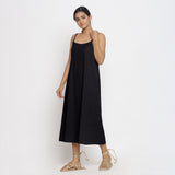 Front View of a Model wearing Black Cotton Flax Strap Sleeve A-Line Dress