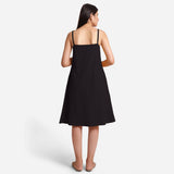 Back View of a Model wearing Black Cotton Flax Strappy Slit Dress