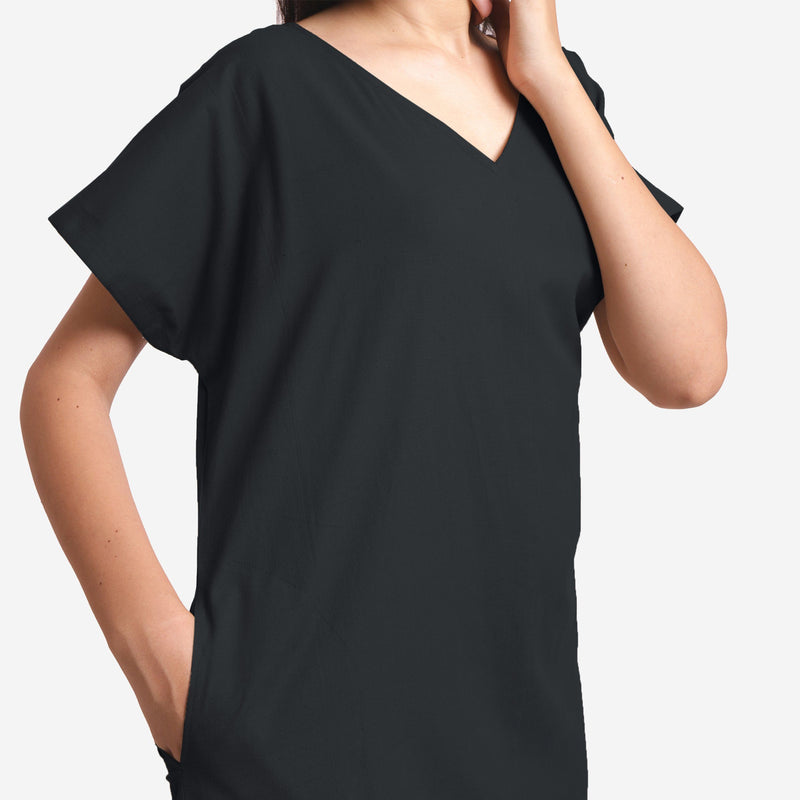 Front Detail of a Model wearing Black Cotton Flax V-Neck Tunic