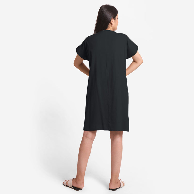 Back View of a Model wearing Black Cotton Flax V-Neck Tunic