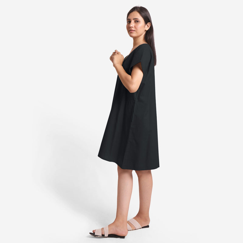 Left View of a Model wearing Black Cotton Flax V-Neck Tunic