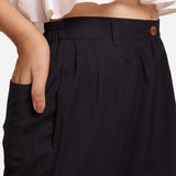 Right Detail of a Model wearing Black Cotton Flax Wide Legged Straight Pant