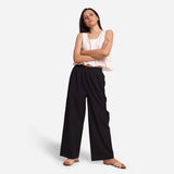 Front View of a Model wearing Black Cotton Flax Wide Legged Straight Pant